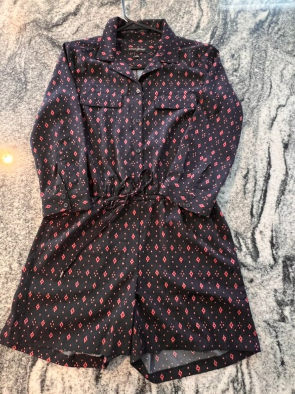 Banana Republic Diamond Print Long Sleeve Utility Romper Black‎ Pink Size 2
